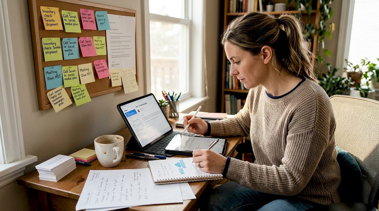 Small business owner manages social media