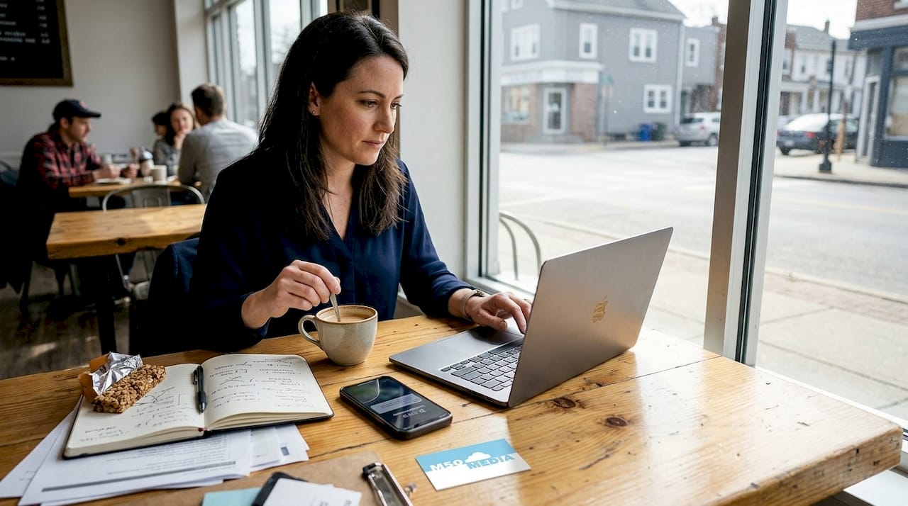 Small business owner reviewing advertising results