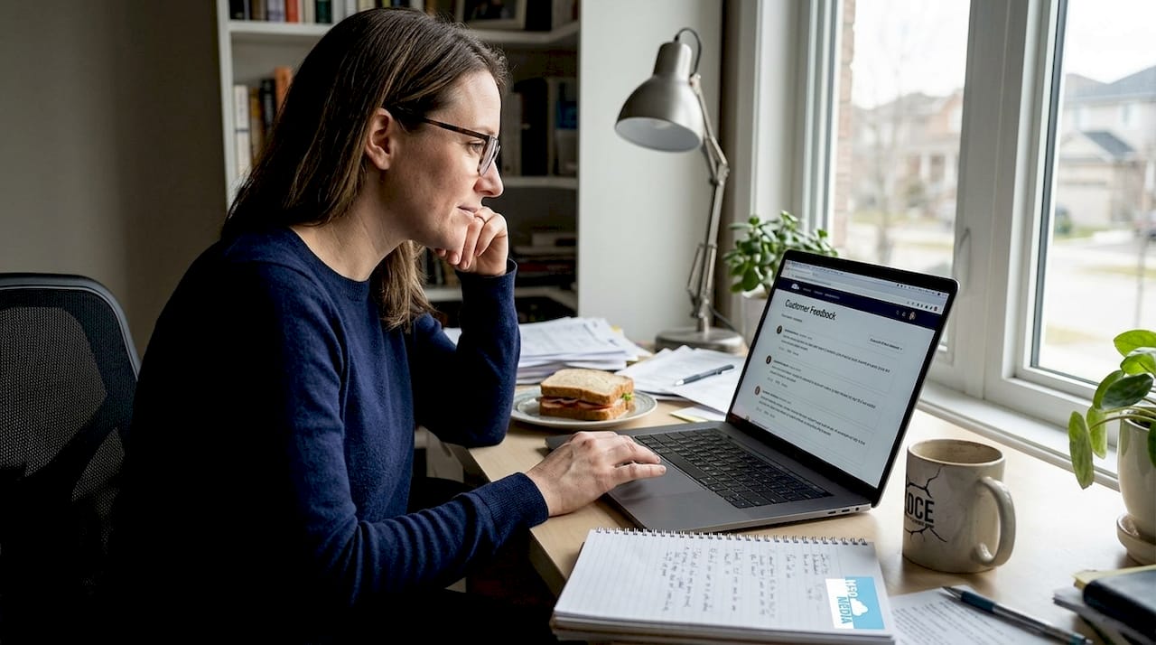 Business owner reading feedback in home office