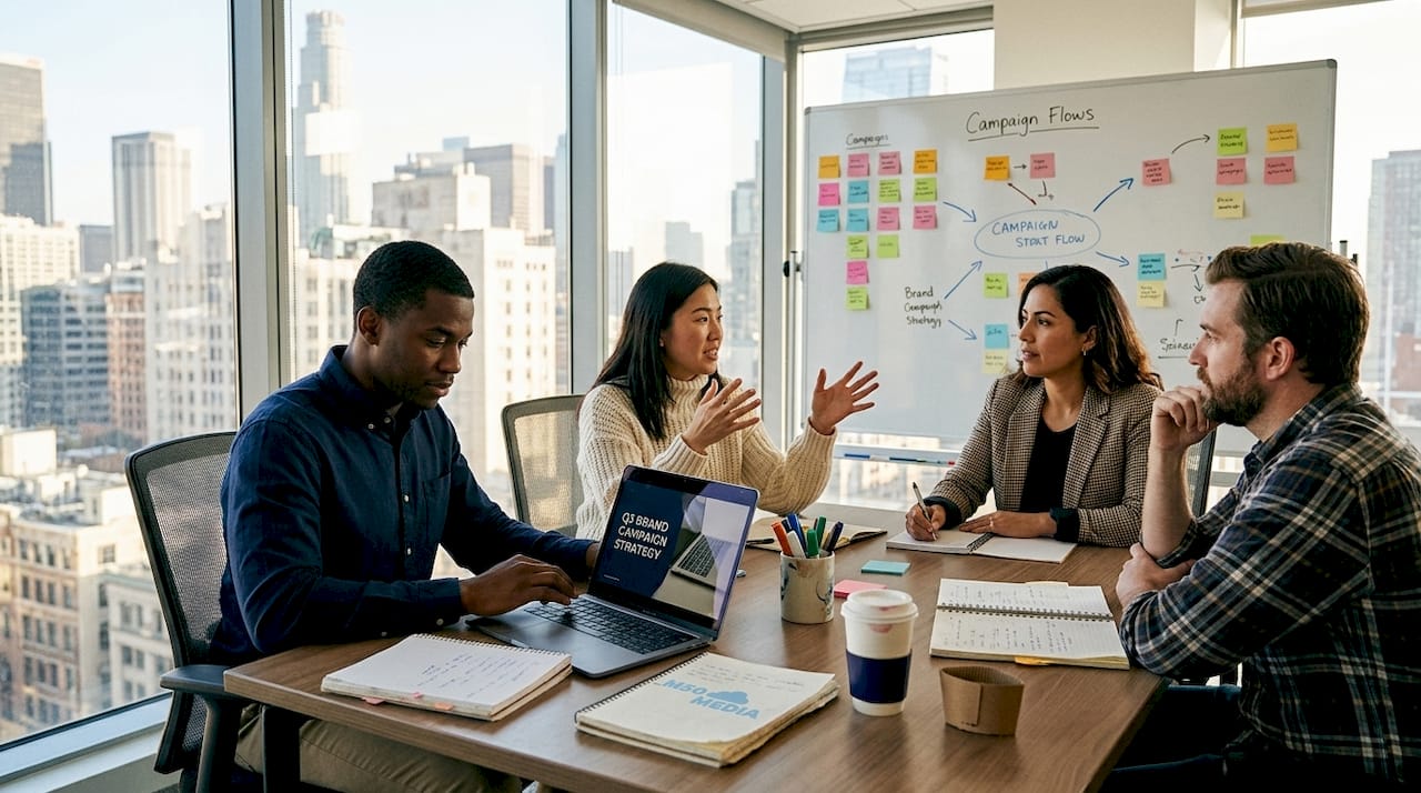 Marketing team collaborating in a bright conference room