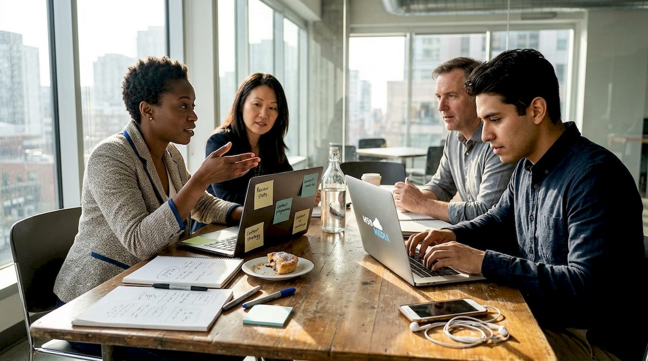 Team discussing branding around cluttered table