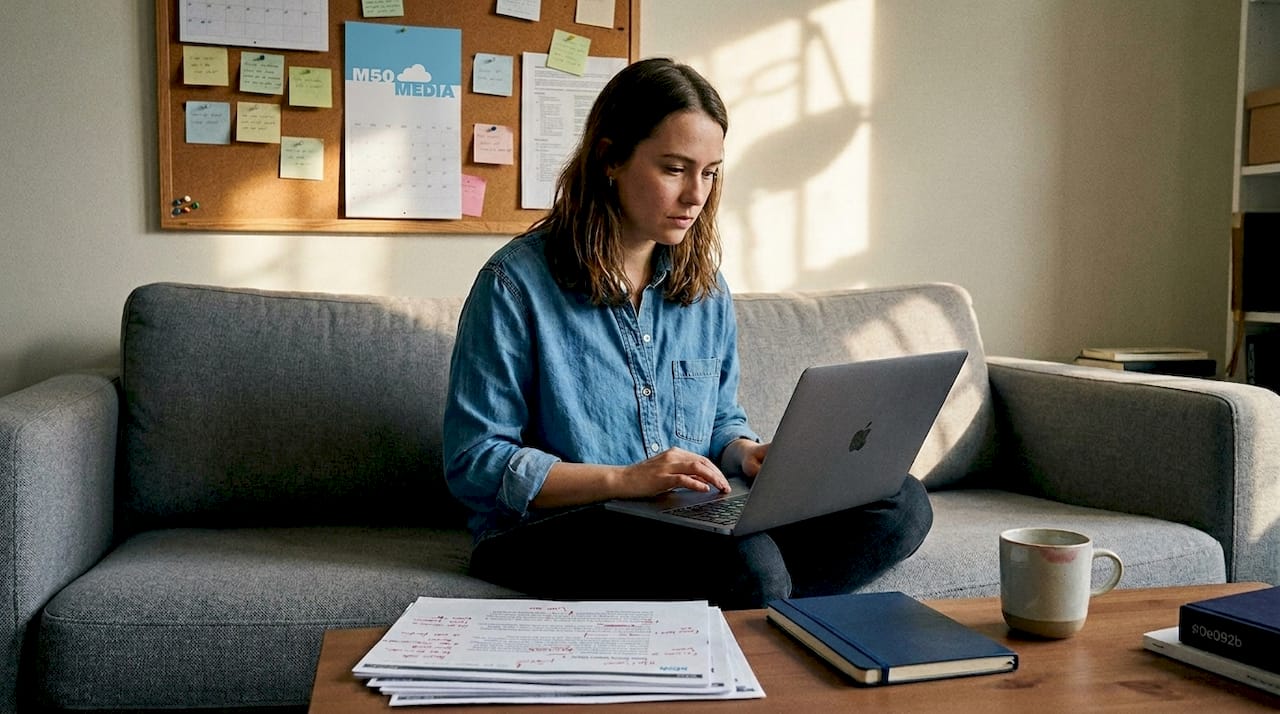 Person editing copy in cozy home office