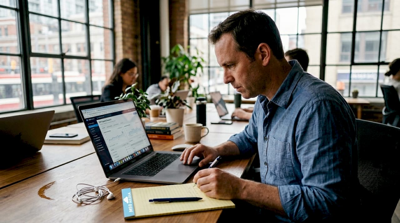 Man researching blog keywords in coworking space