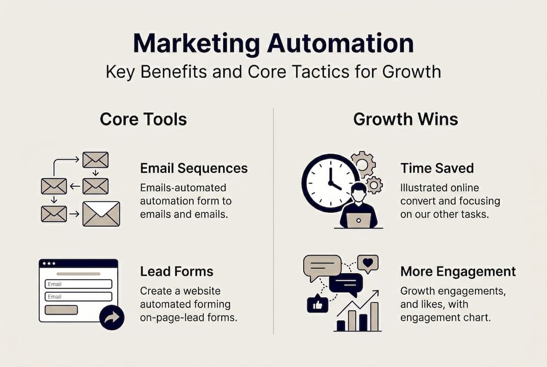 Infographic showing marketing automation benefits and tools