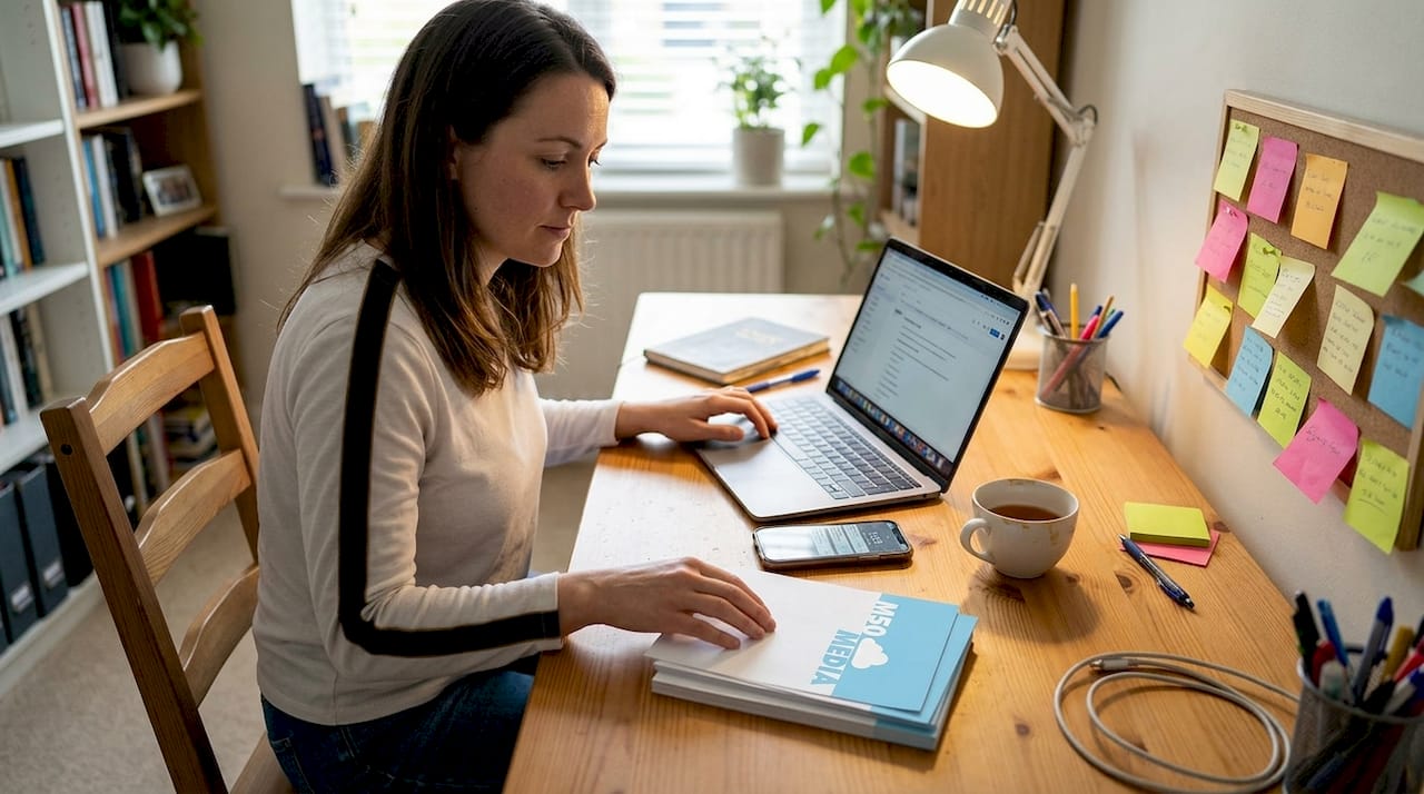 Small business owner multitasking at home desk