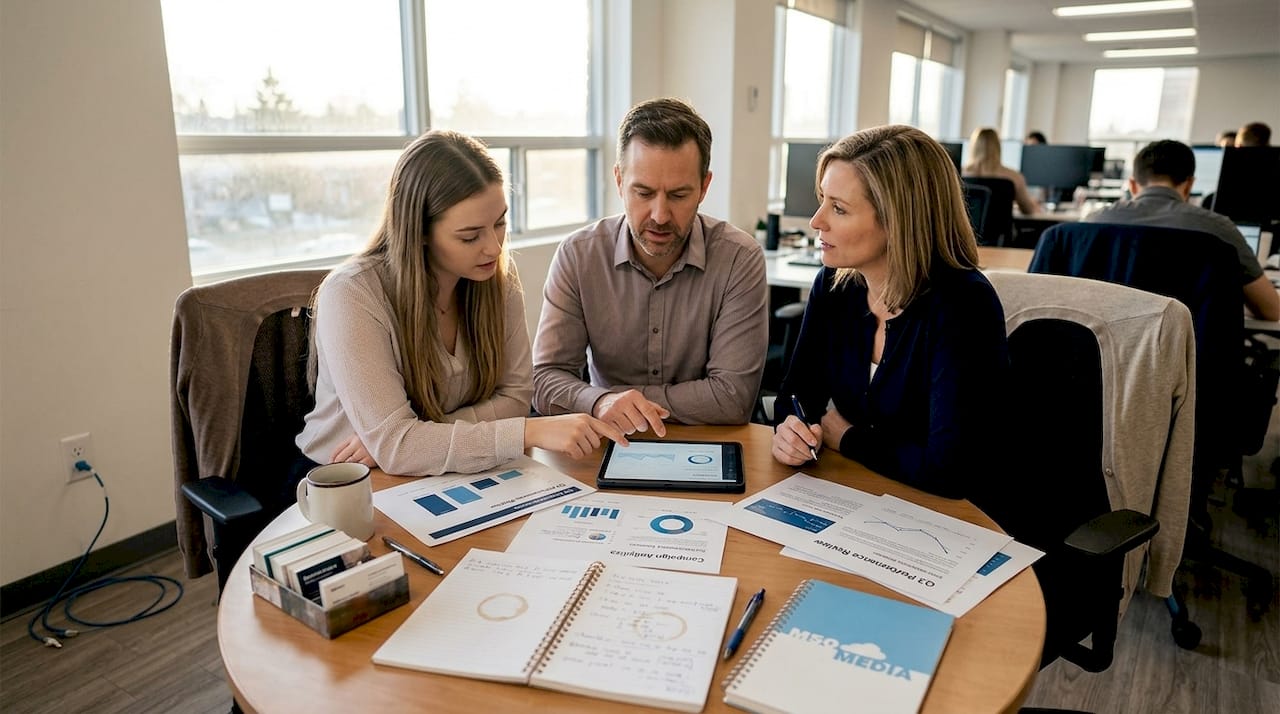 Team reviewing marketing reports at workspace