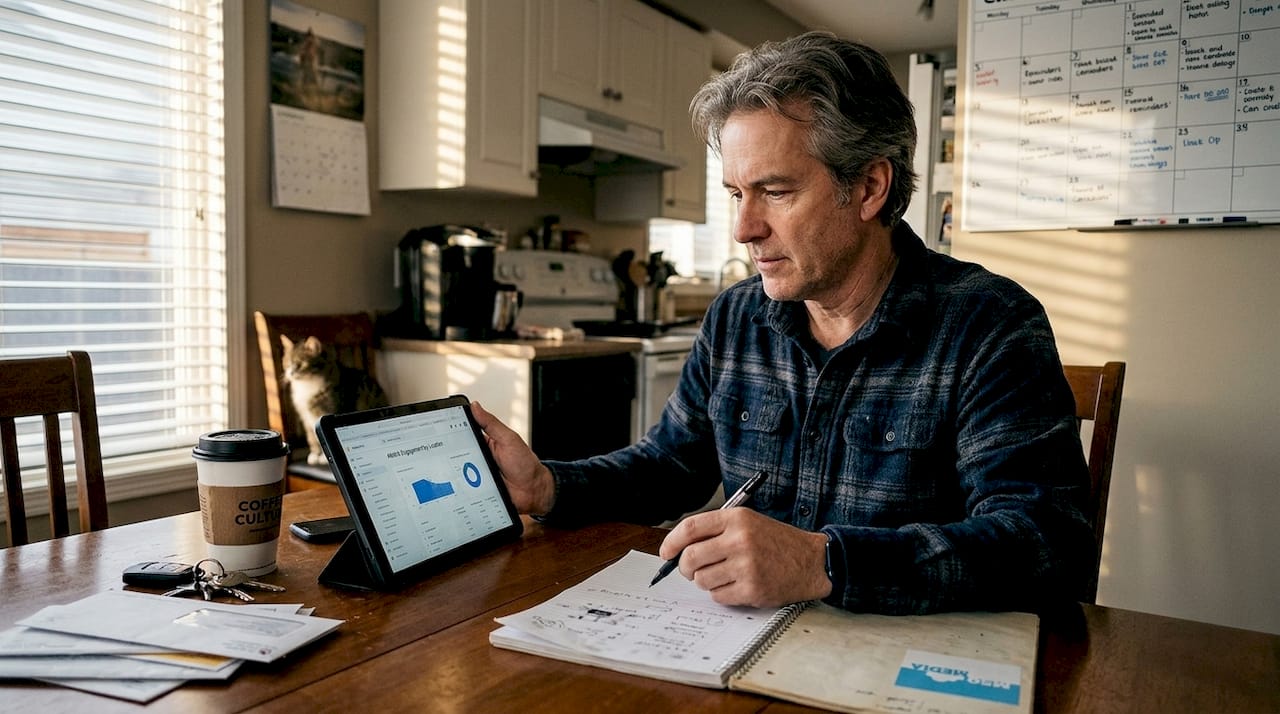 Business owner reviews mobile analytics at kitchen table