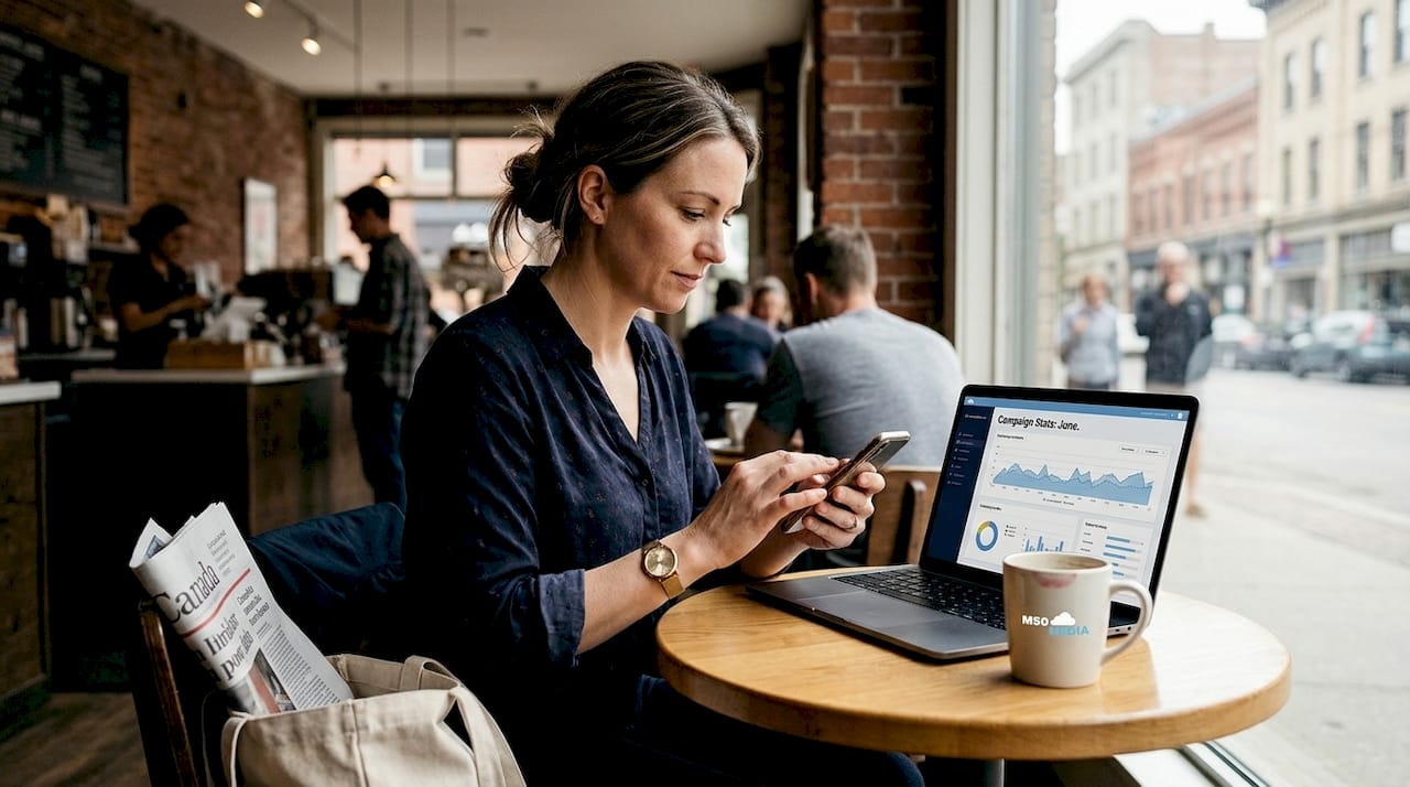 Small business owner using mobile in café