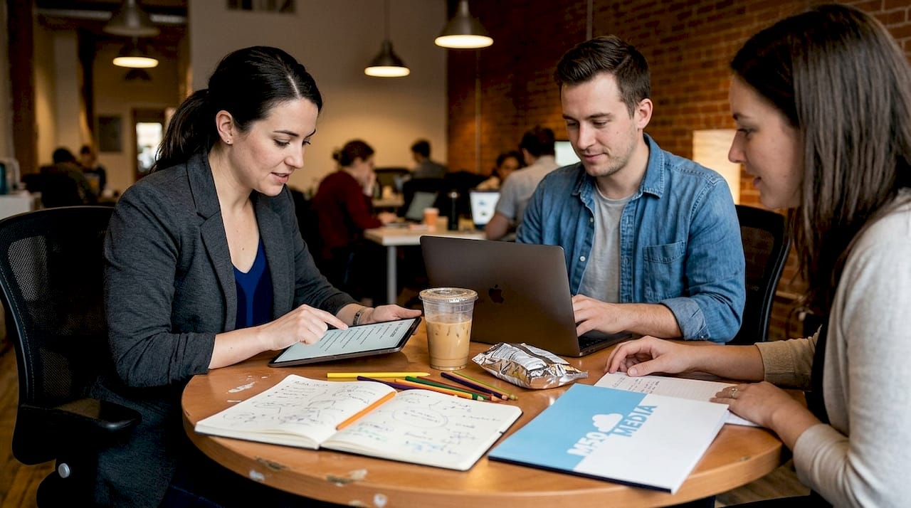 Branding team reviewing drafts and ideas