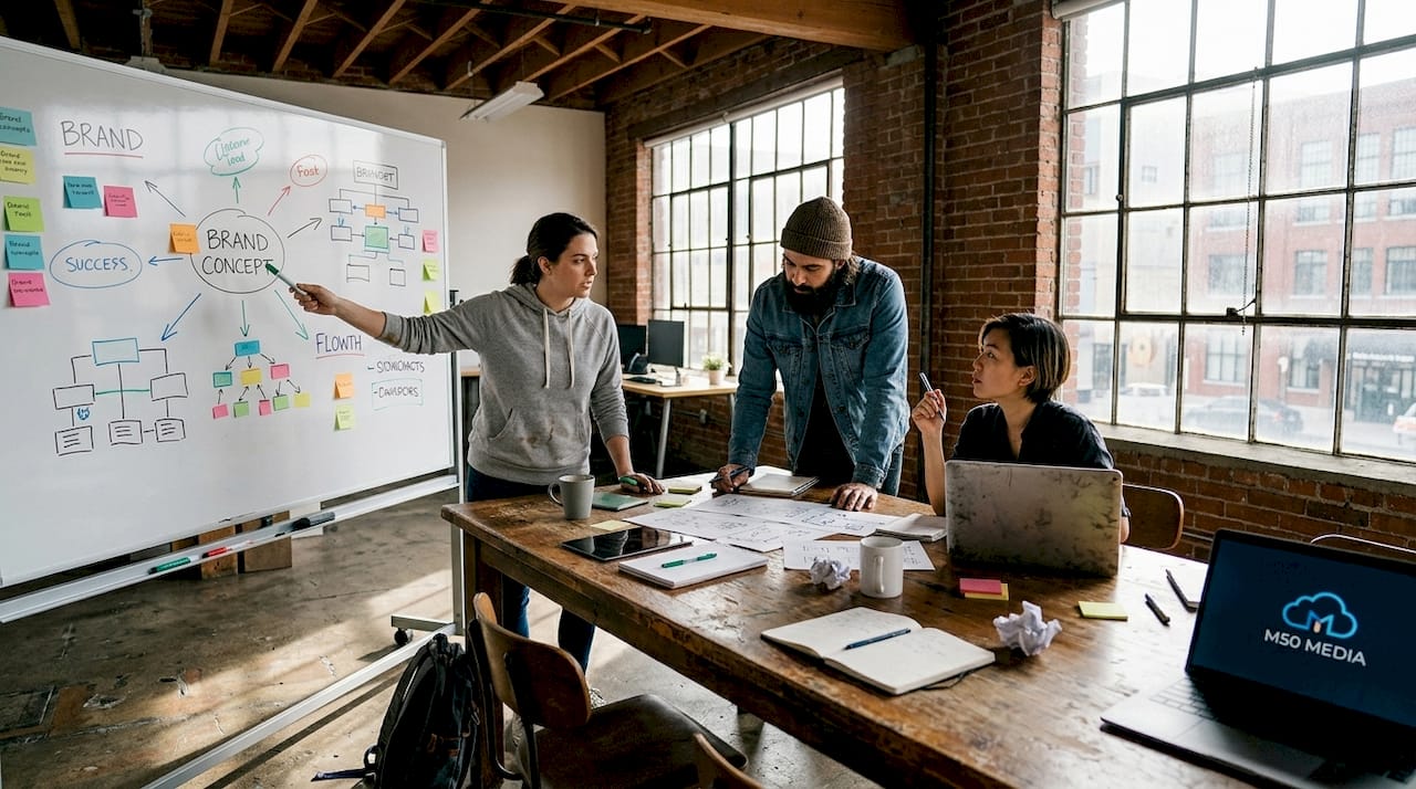 Startup team at table planning branding
