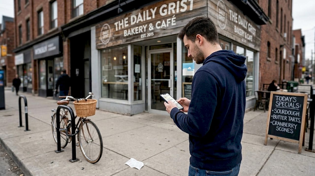 Customer checks bakery’s Google reviews outside