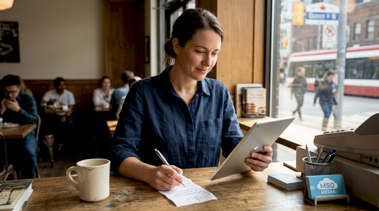 Small business owner reviews channels at café