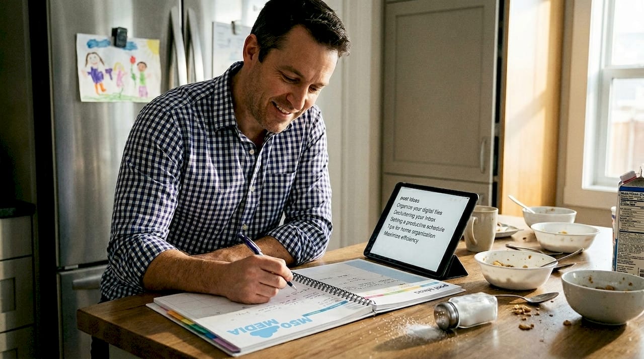 Entrepreneur planning social media week at kitchen