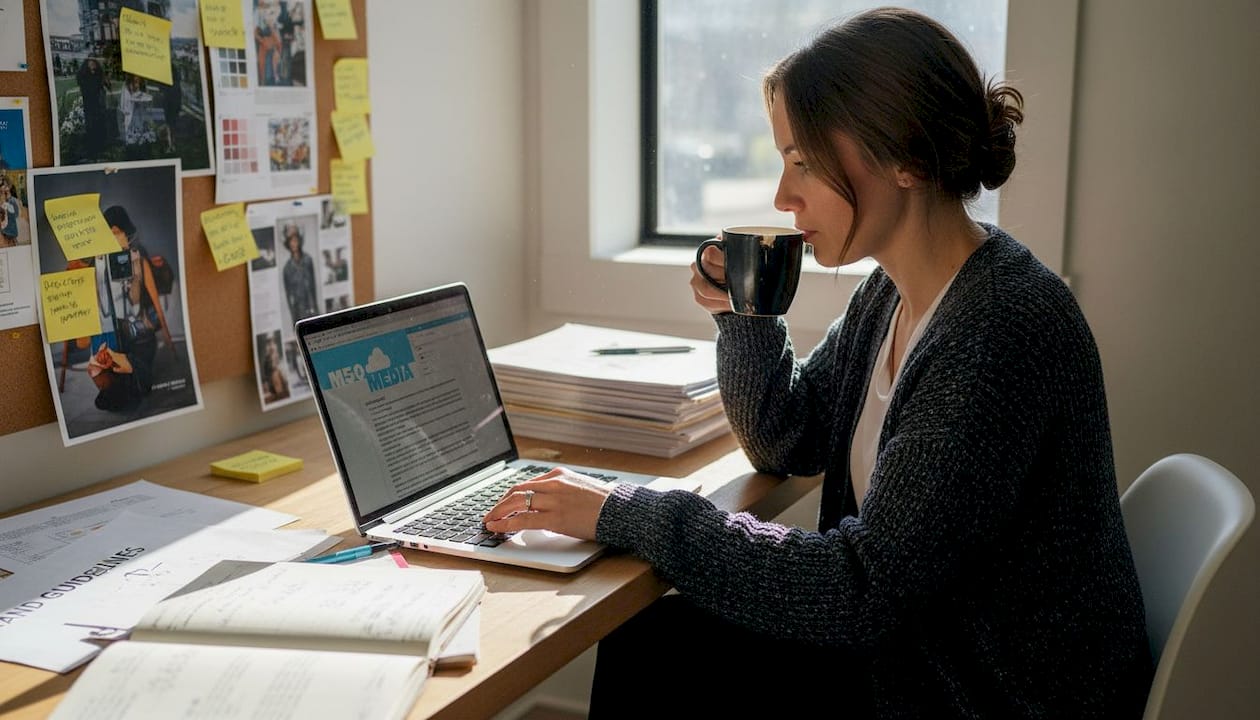 Marketing strategist writing branding copy at desk