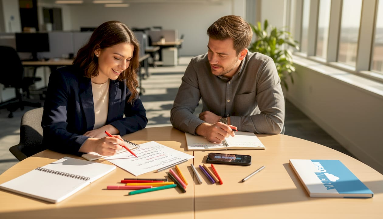 Coworkers brainstorming brand storytelling ideas