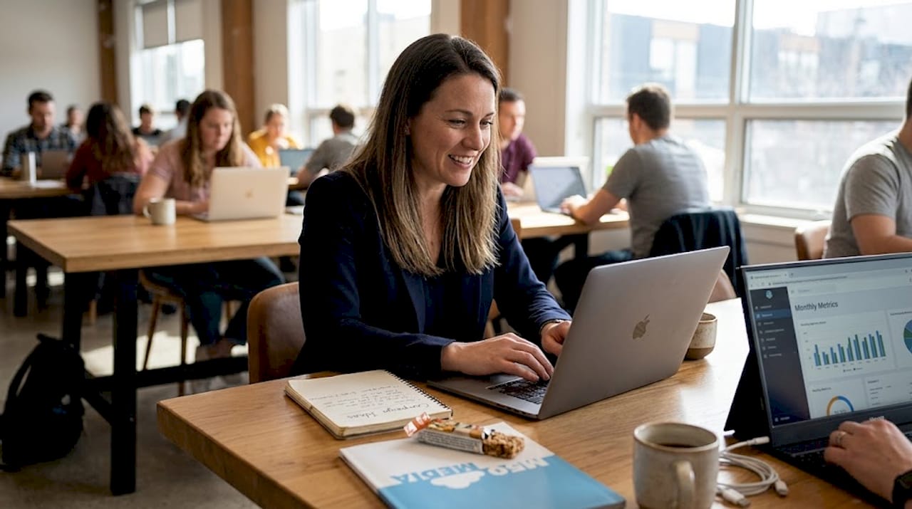 SaaS marketing manager working in open-plan office