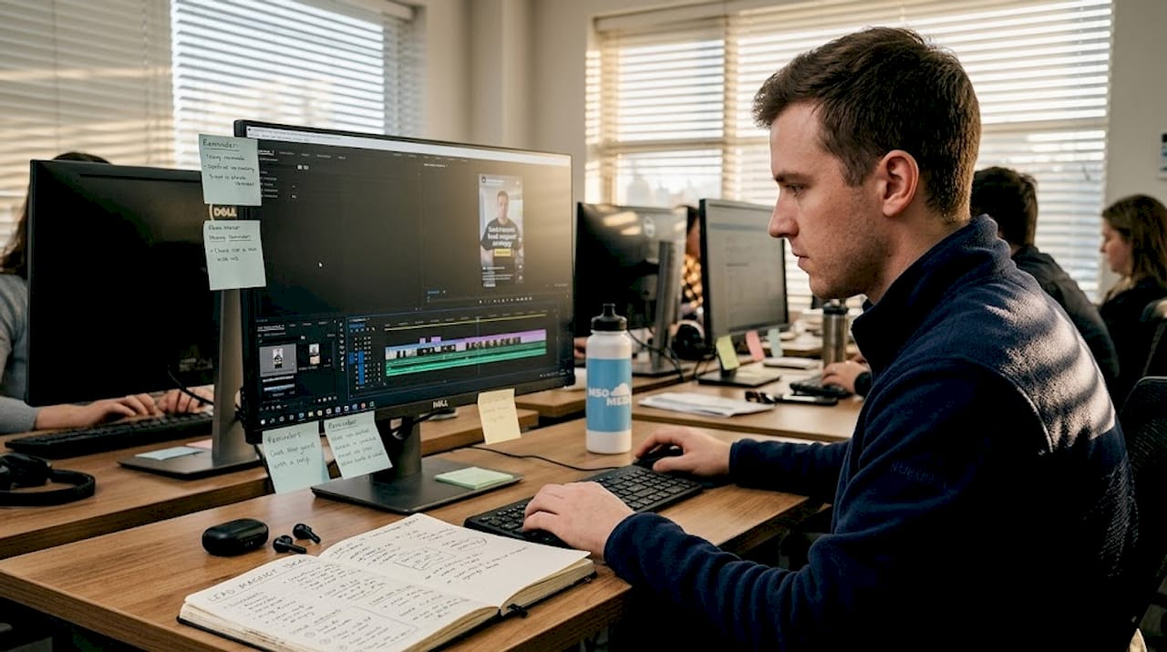 Marketer editing video and planning lead magnets