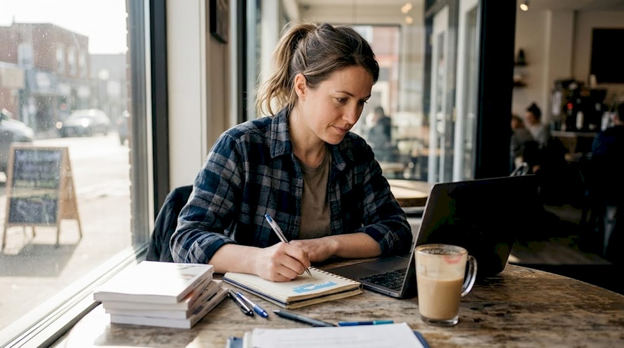 Small business owner working in café
