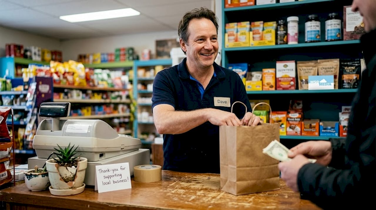 Shopkeeper bags purchase at retail counter