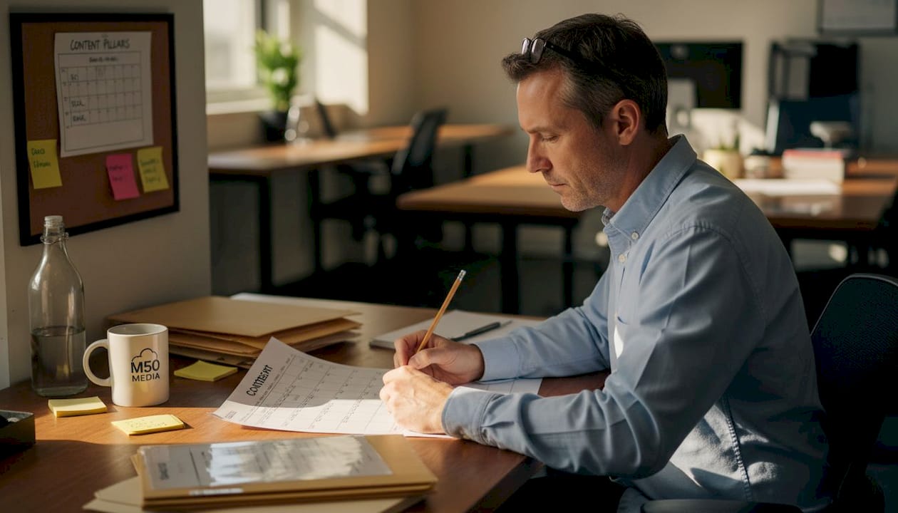 Man marking content calendar in workspace