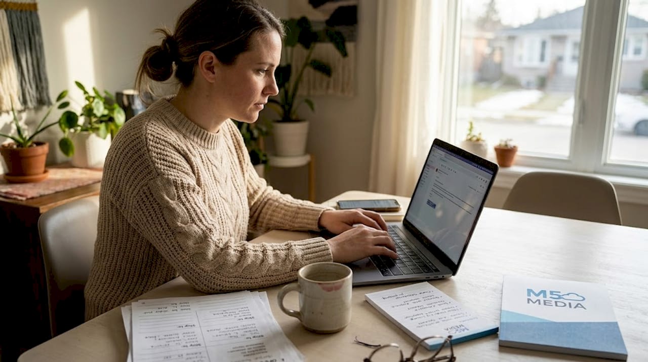 Business owner sending emails at home table
