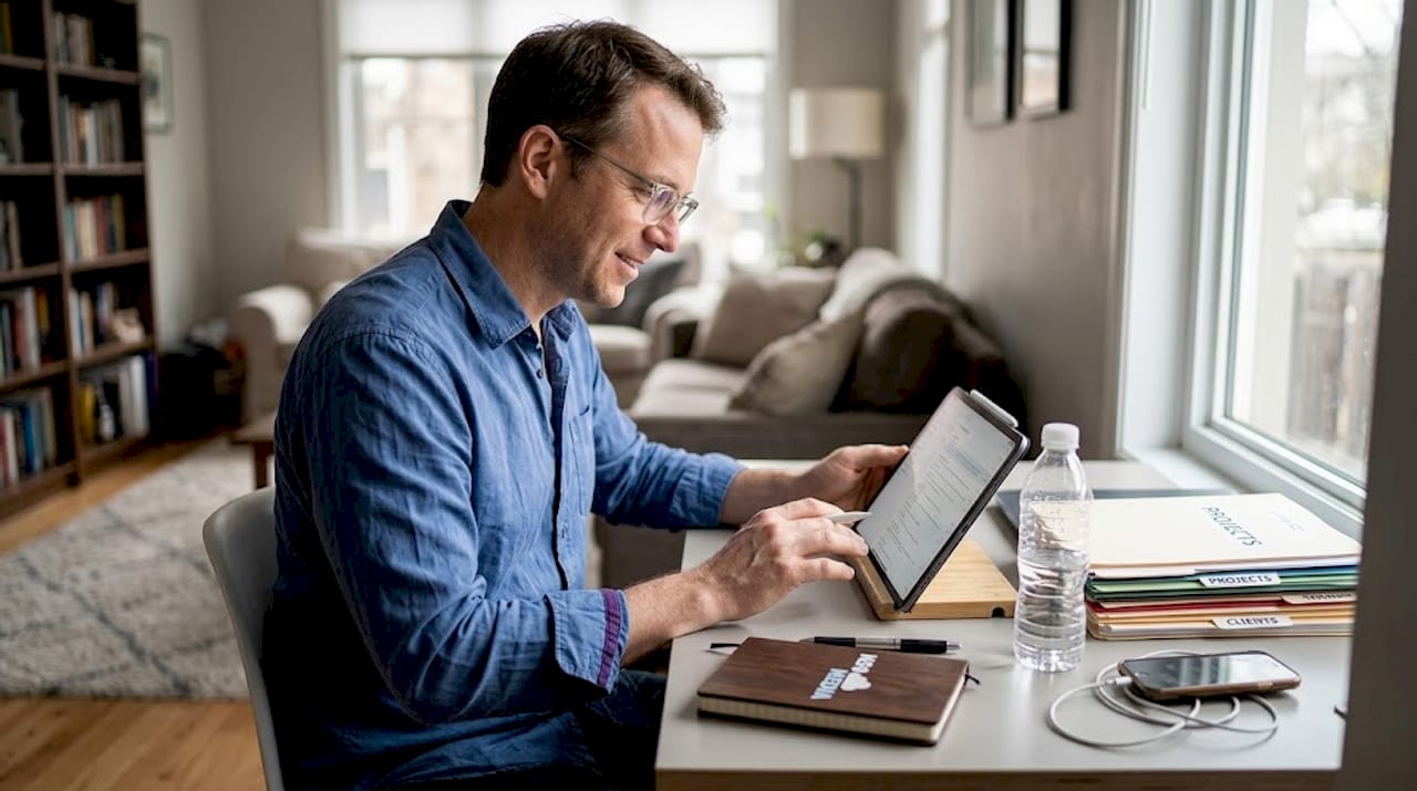 Entrepreneur managing email list in living room