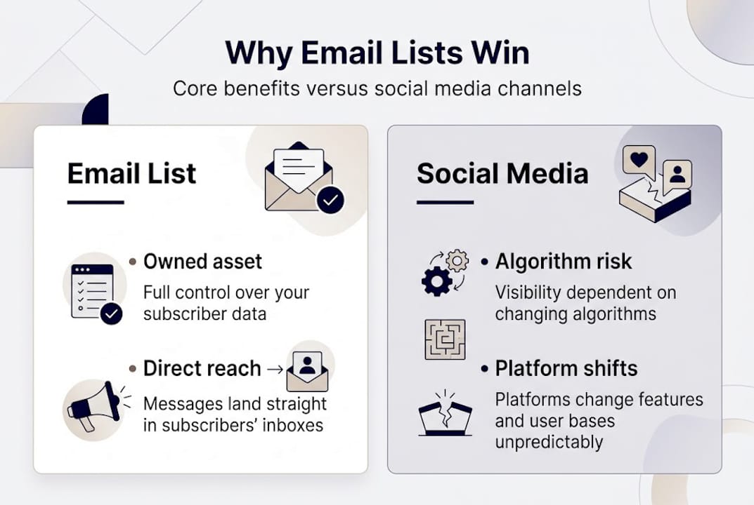 Infographic showing email list benefits versus social