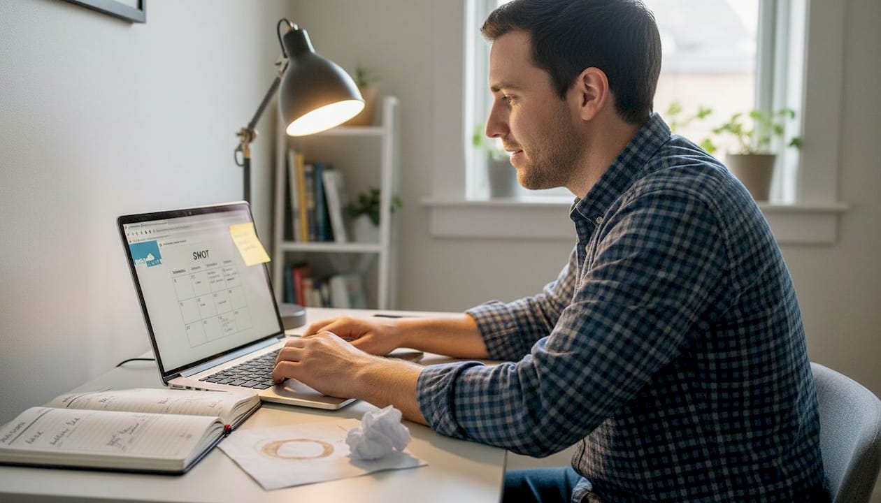 Entrepreneur working on SWOT analysis at desk