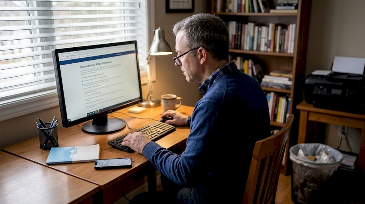 Man checks privacy consent settings at desk