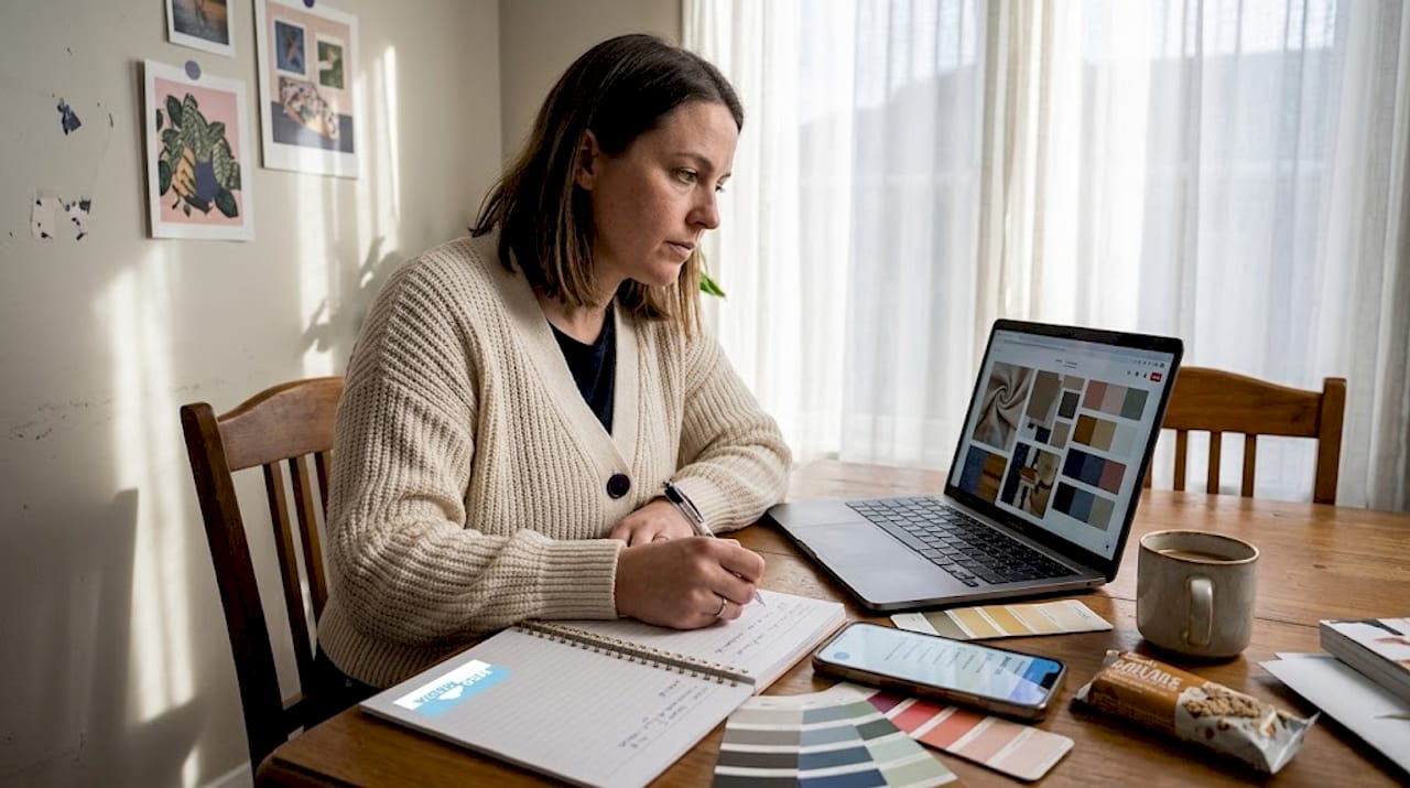 Business owner brainstorming brand ideas at home