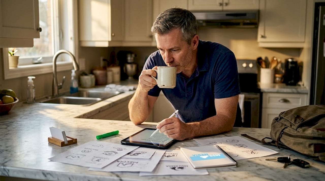 Man preparing branding tasks at kitchen counter
