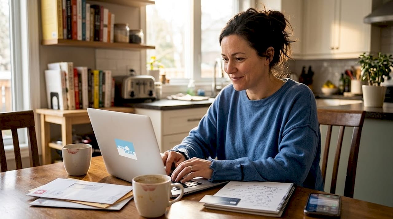 Small business owner writing marketing email at home