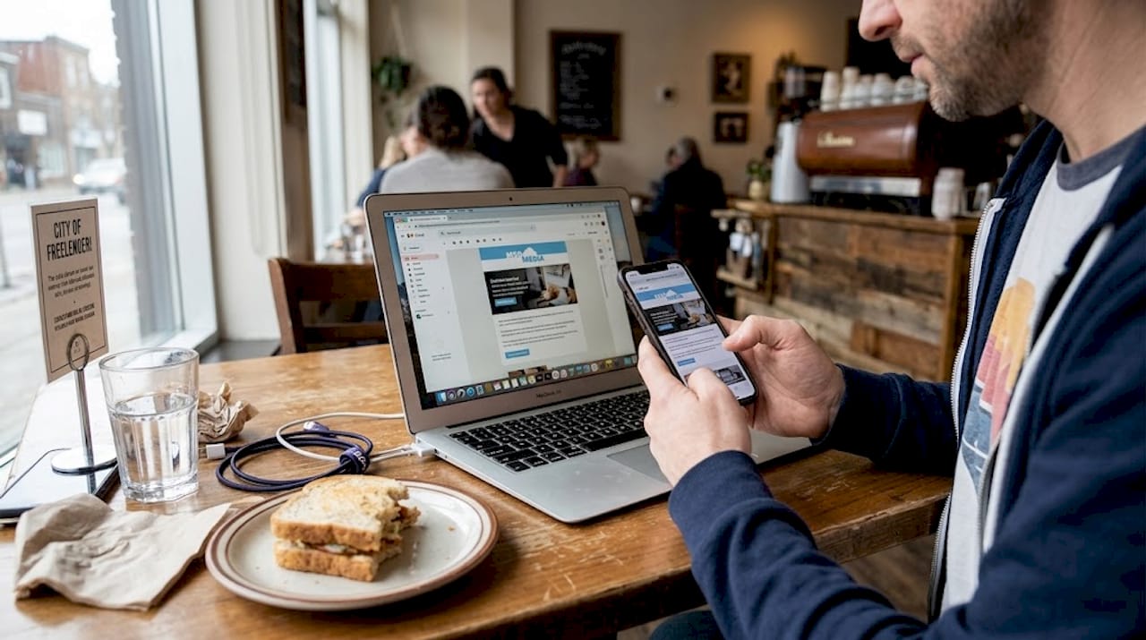 Freelancer checking mobile email design in café