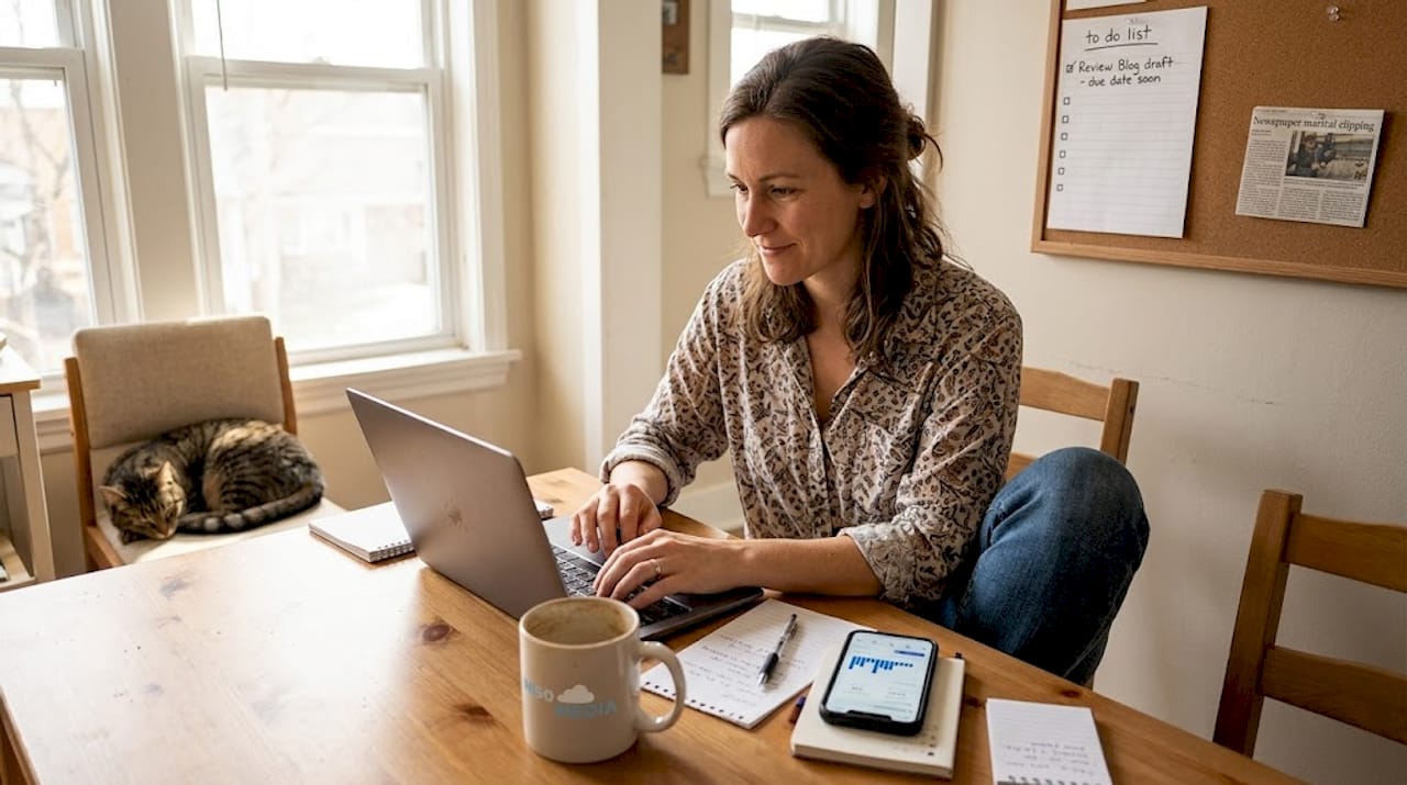 Business owner editing blog post at kitchen table
