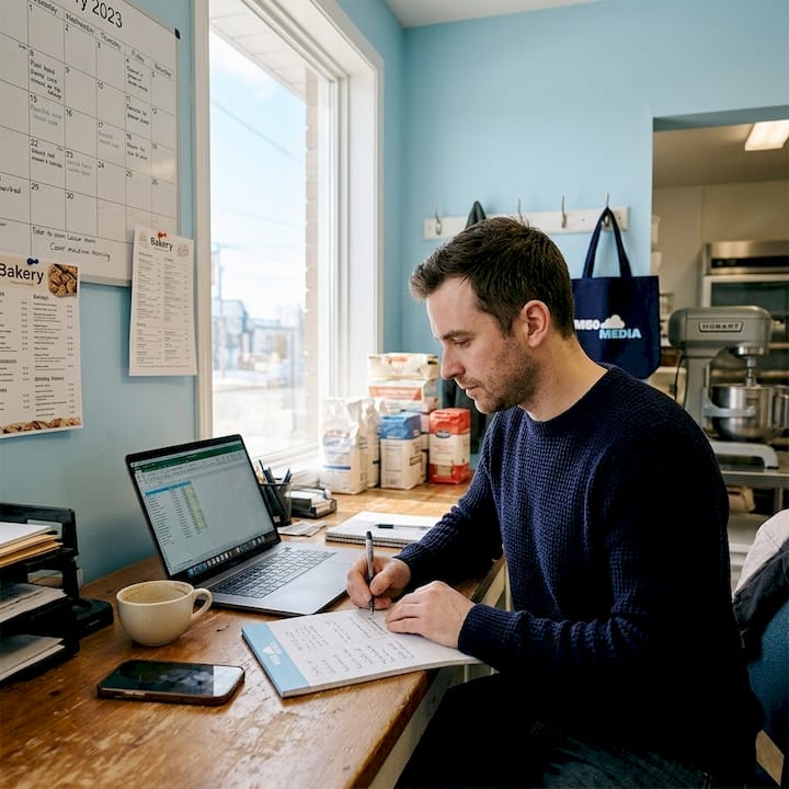 Small business owner checks search results at desk