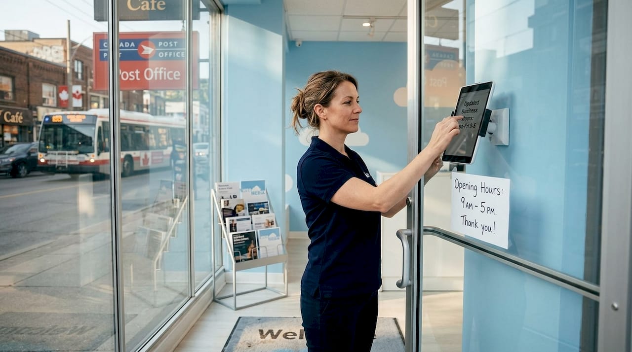 Store manager updates Google profile near entrance