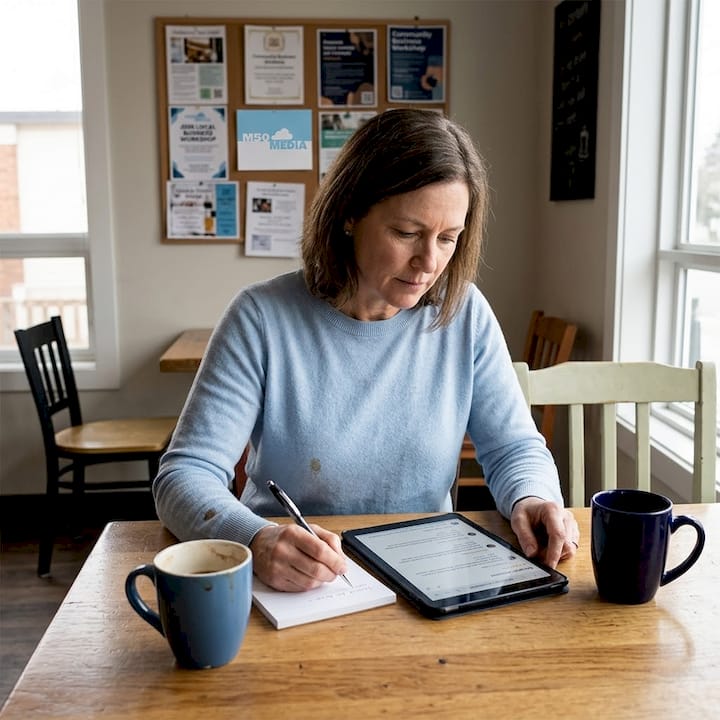 Customer reading reviews in local café workspace