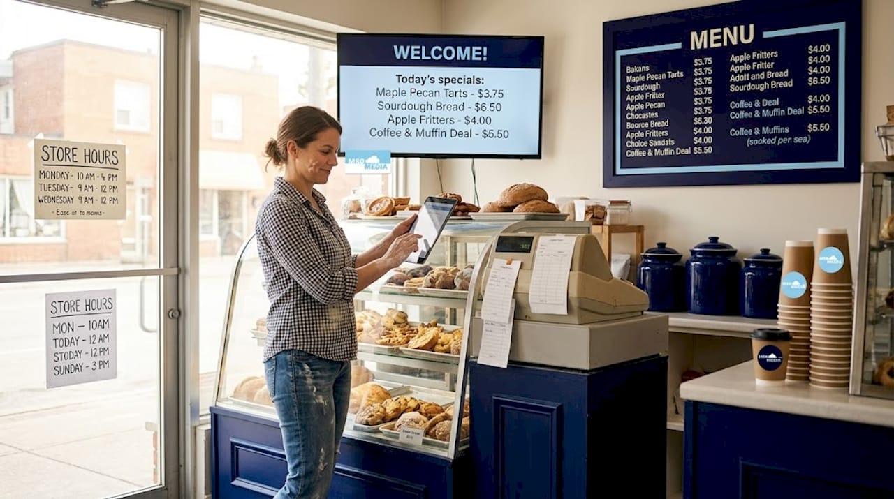 Business owner updates digital storefront signage