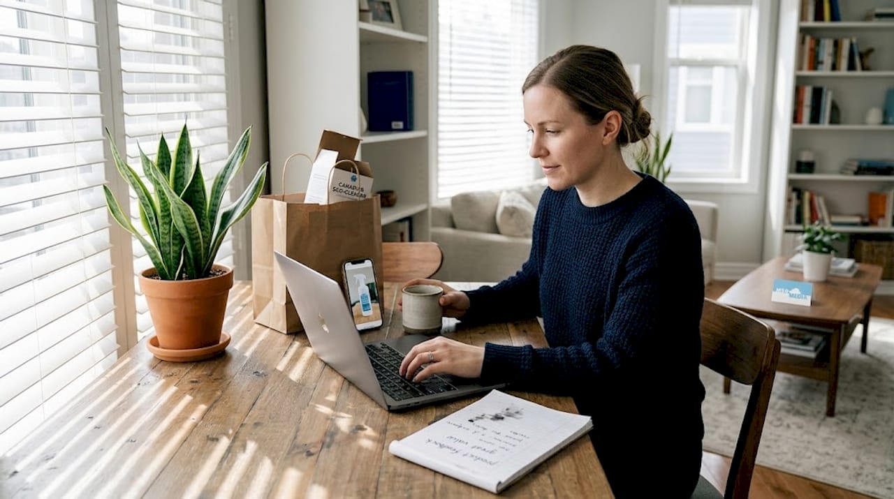 Woman writing honest product review at home