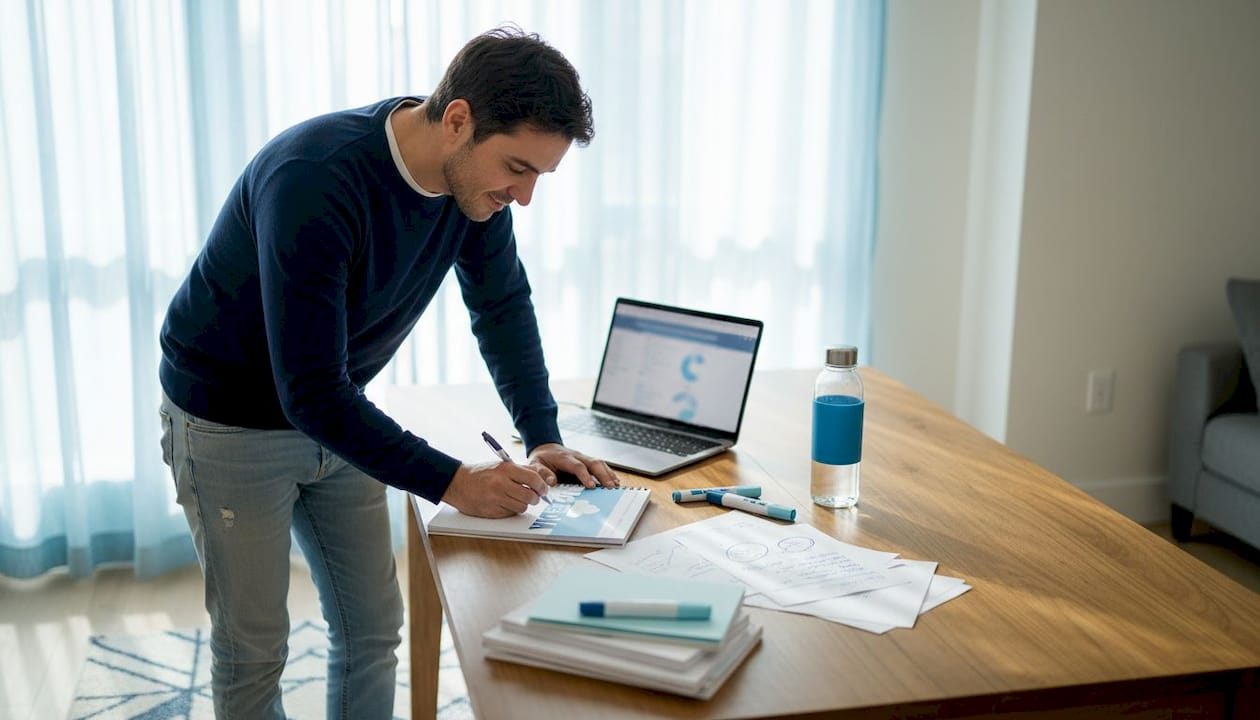 Business owner researching brand awareness at home
