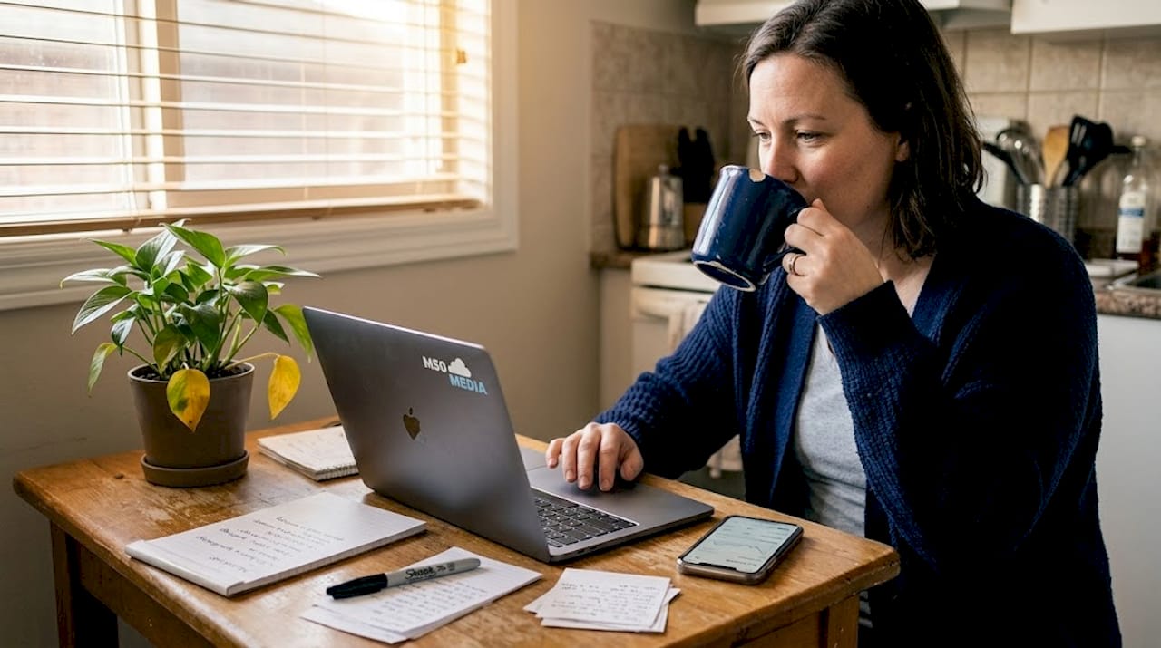 Business owner refining marketing in home office