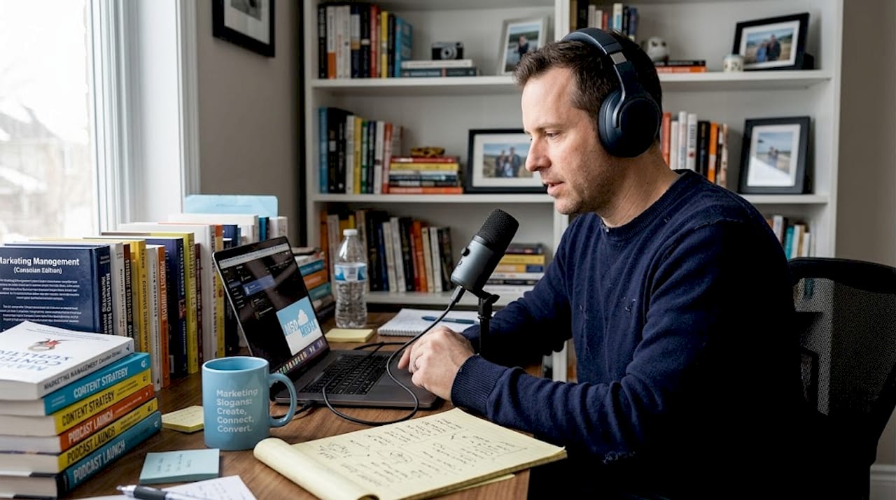 Man recording marketing podcast in home office