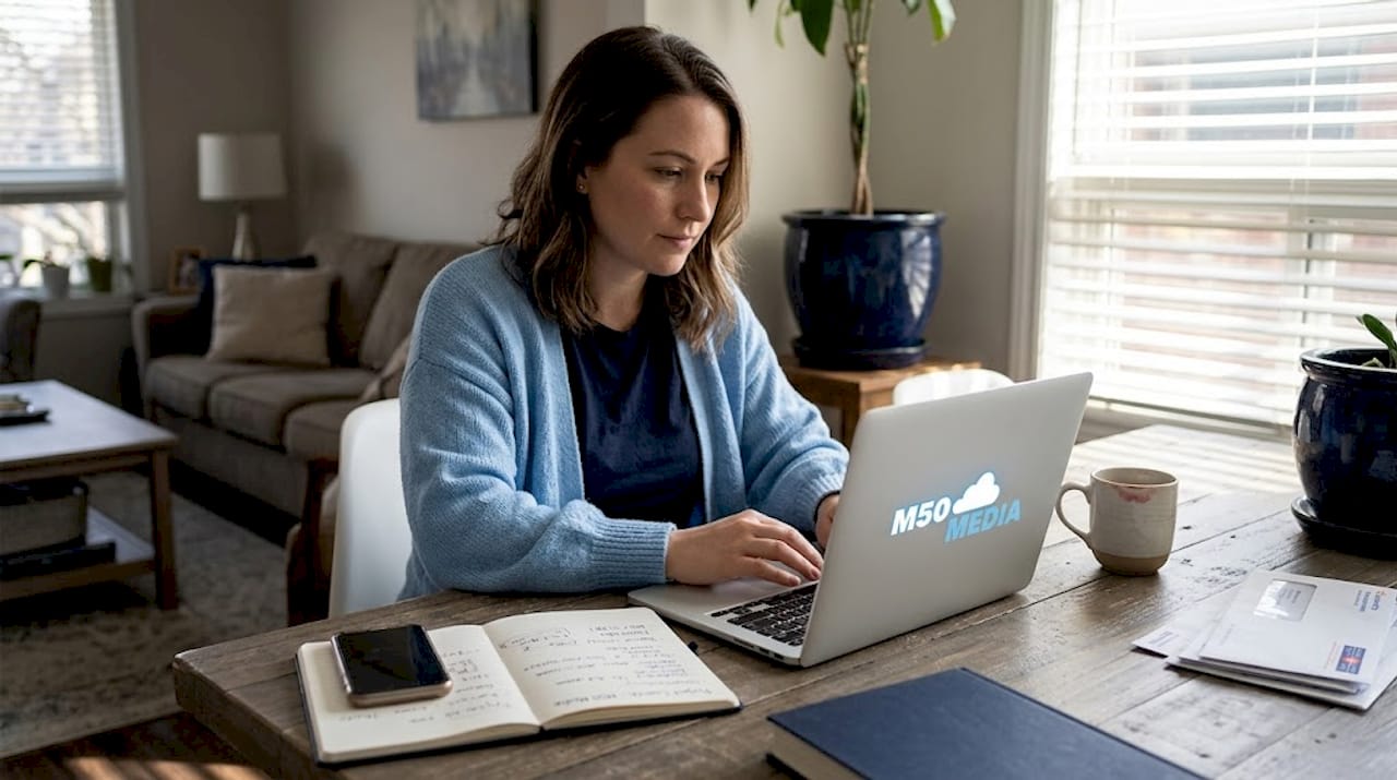 Small business owner writing marketing email at home