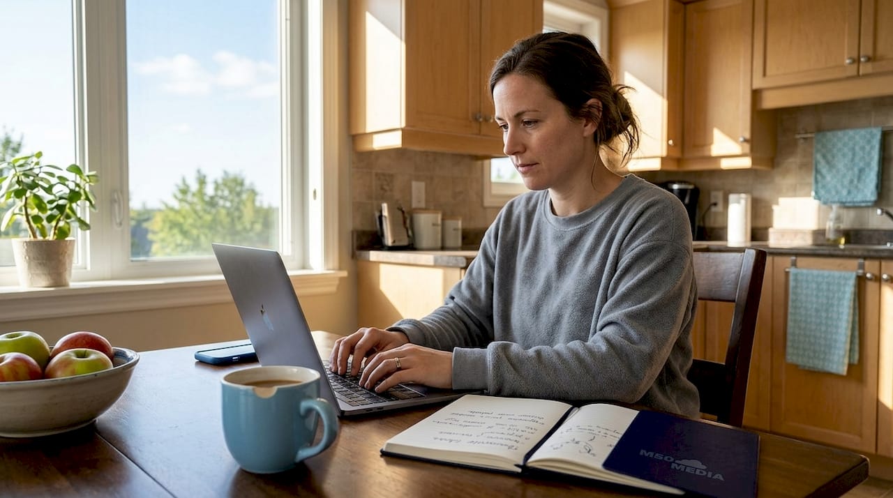 Woman working affiliate marketing from home office