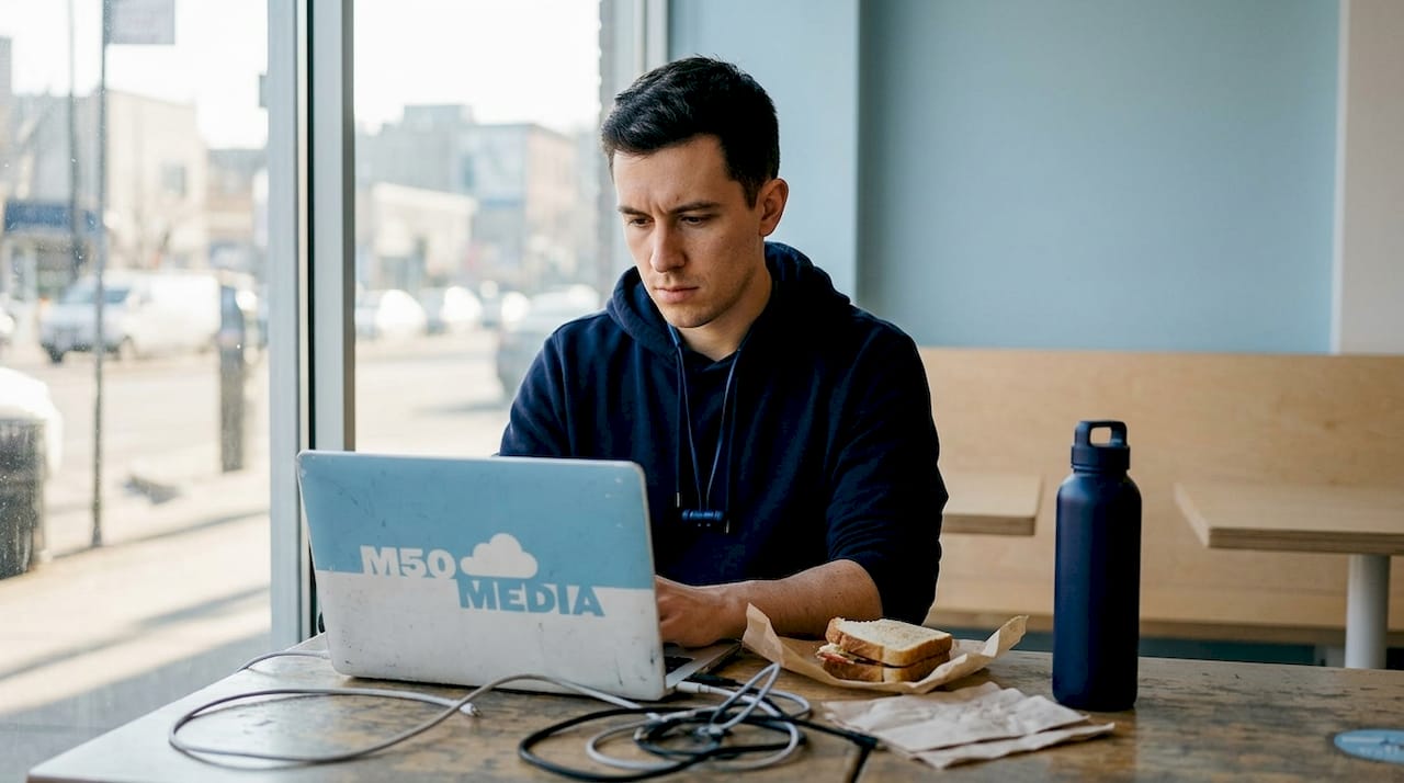 Man reviewing affiliate dashboard in café