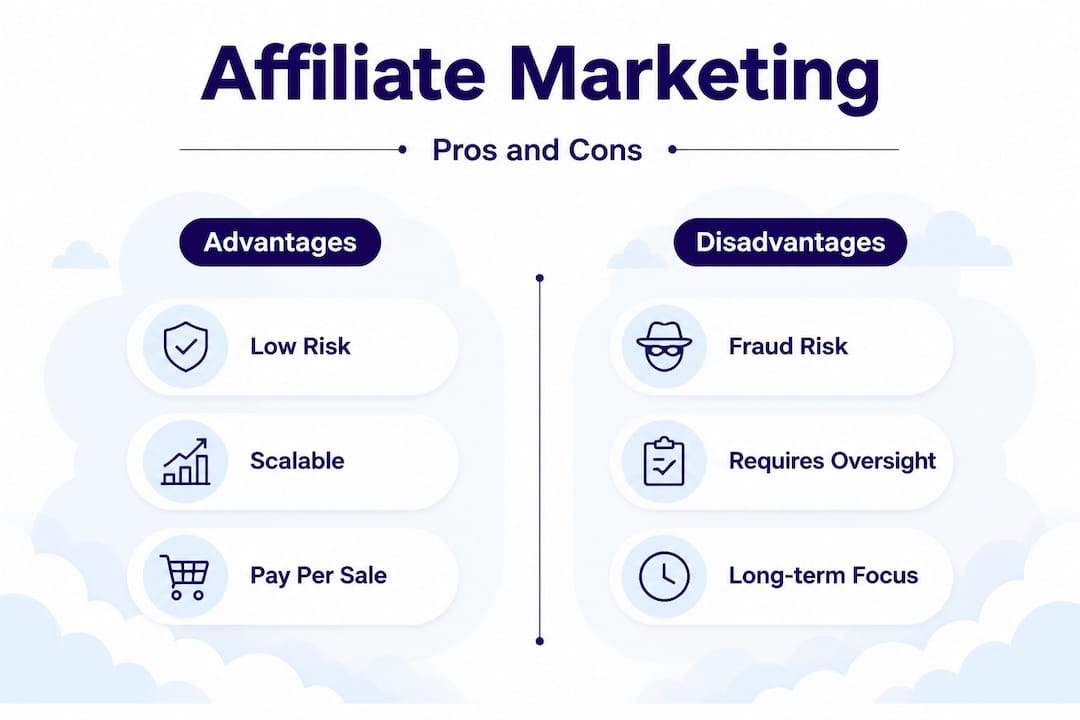 Infographic with affiliate marketing pros and cons compared