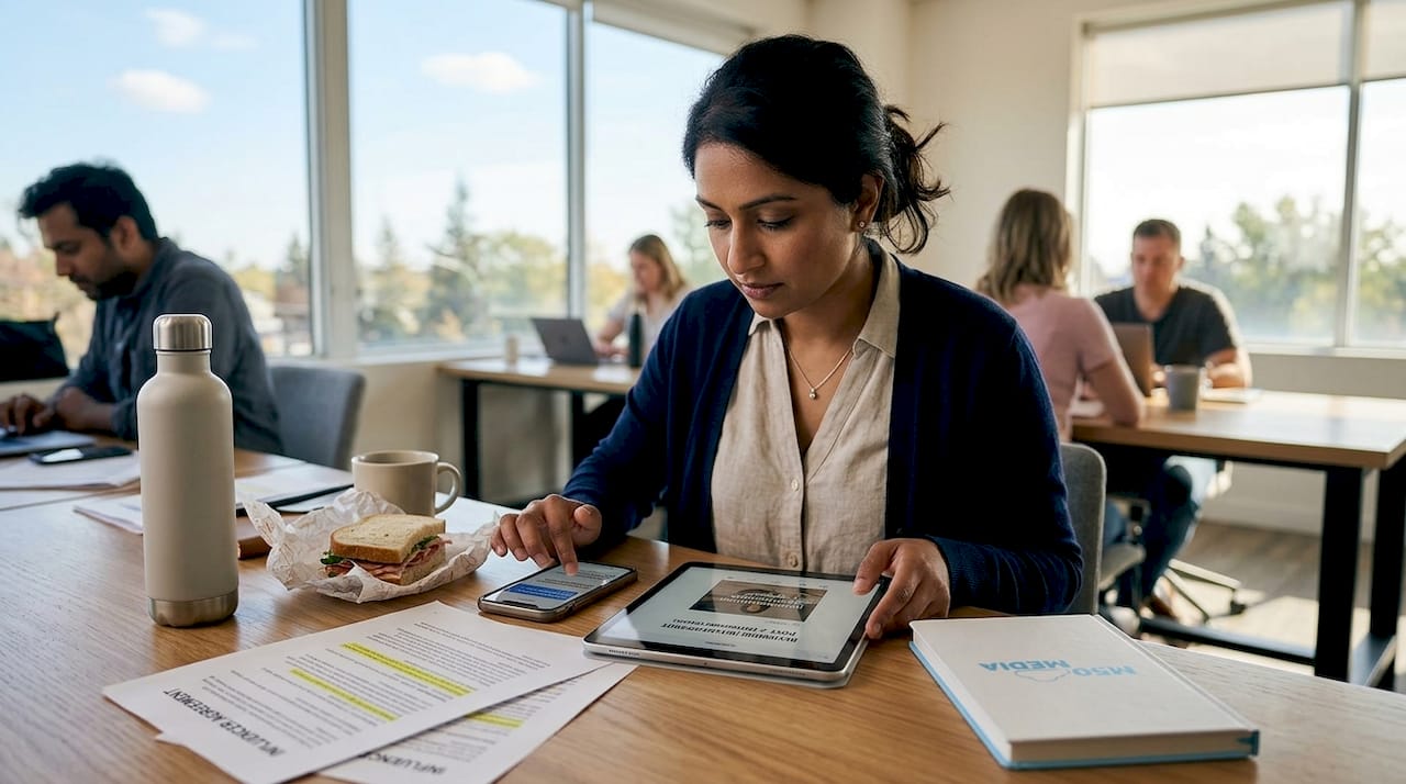 Marketing manager reviewing influencer content in coworking space