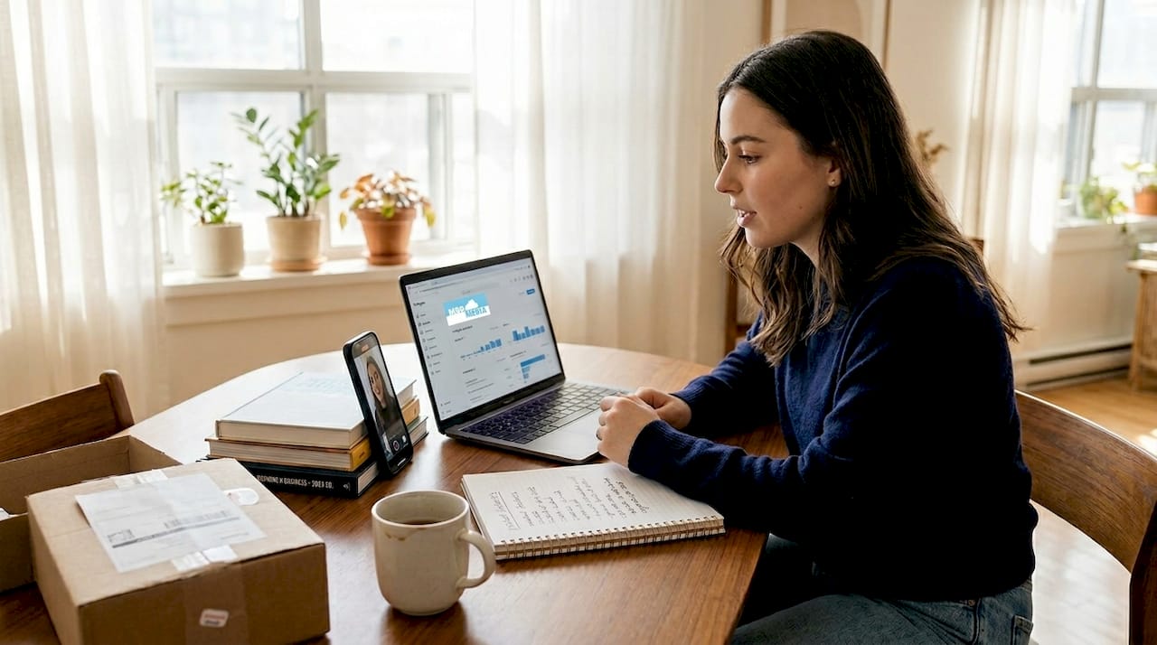 Small business owner filming influencer video at home