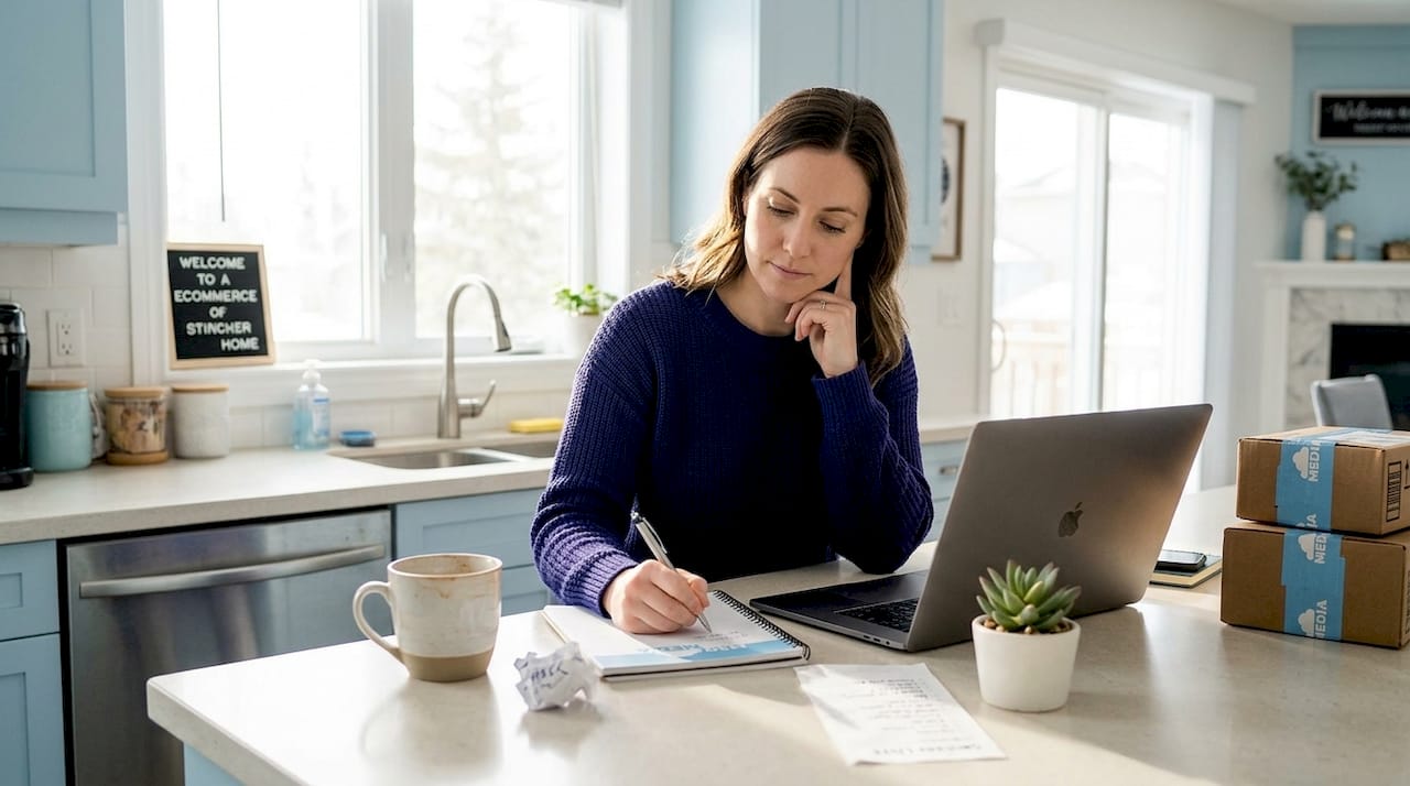 Ecommerce owner planning marketing at kitchen island