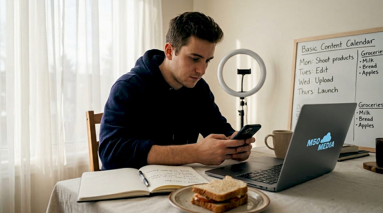 Man managing social media marketing at home